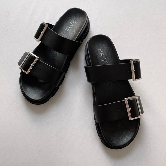 RAYE Black Sandals Slides Leather with Gold Buckles - Picture 1 of 3